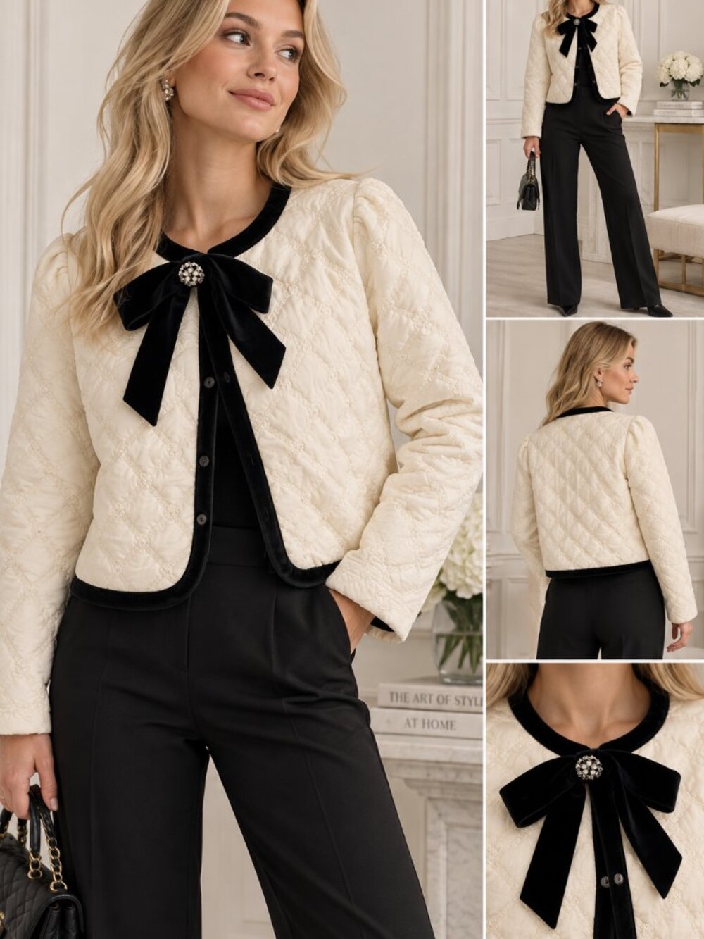 CeCe Quilted Bow Trim Jacket Ivory Black Velvet Bow Cropped NWT Size L